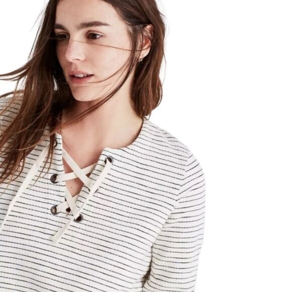 Madewell lace up pullover cream/navy striped top - Picture 2 of 7